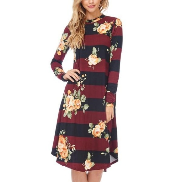Burgundy Stripe Flower Dress - Picture 2 of 4